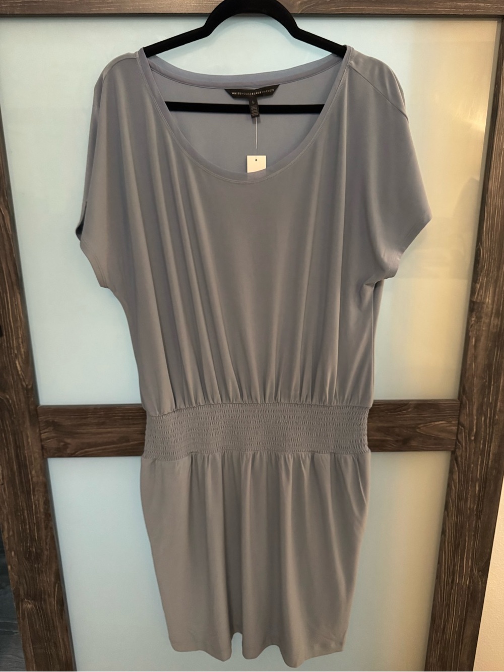 White House Black Market Light Gray Short Sleeve Smocked-Waist Mini Dress